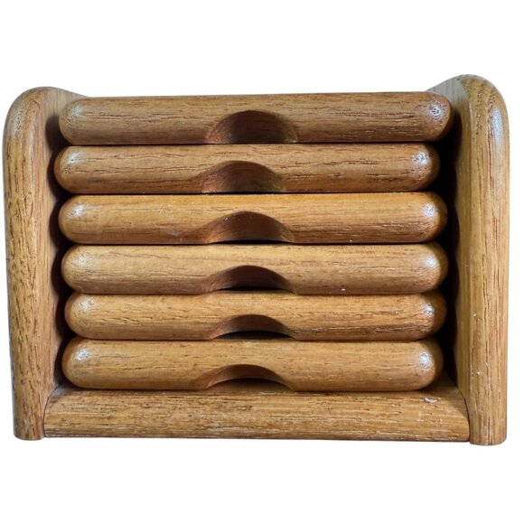 Set Of 6 Wooden Coasters With Cork Insert Matching Holder Vintage 80s Golden Oak - Picture 8 of 12